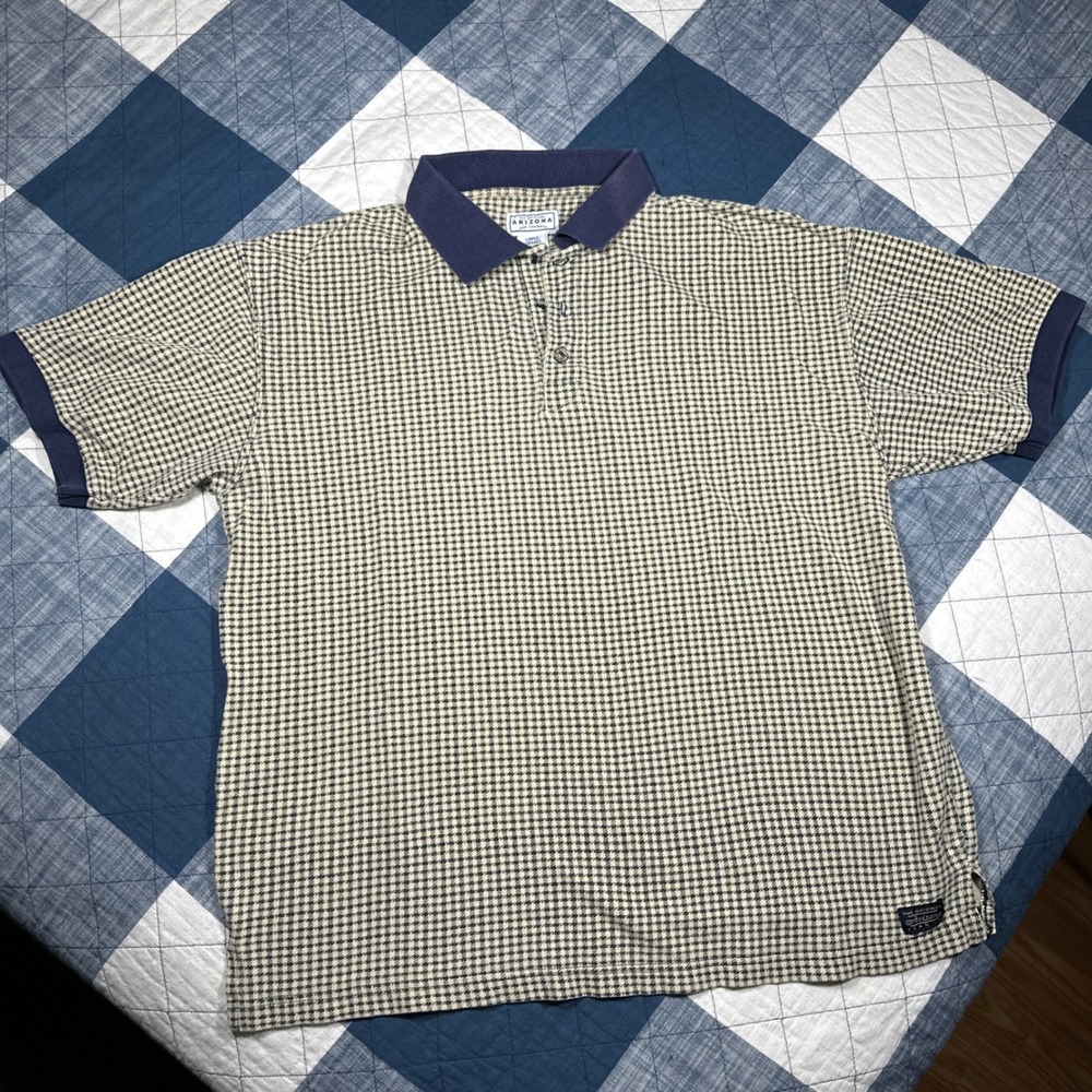 Vintage Arizona Jean Company Houndstooth Polo Shirt Mens Large Short Sleeve Navy - Picture 2 of 8